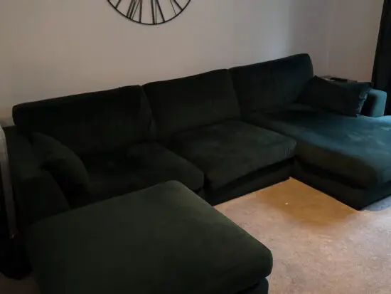 DFS Plush chaise sofa and large footstool - forest green