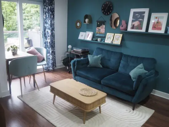 Ice Interiors Teal Blue velvet sofa with walnut legs