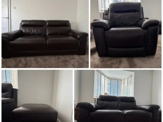 DFS Tristan dark brown sofa premium leather 3 seater, 2 seater sofa, recliner chair and storage foot stool sofa set