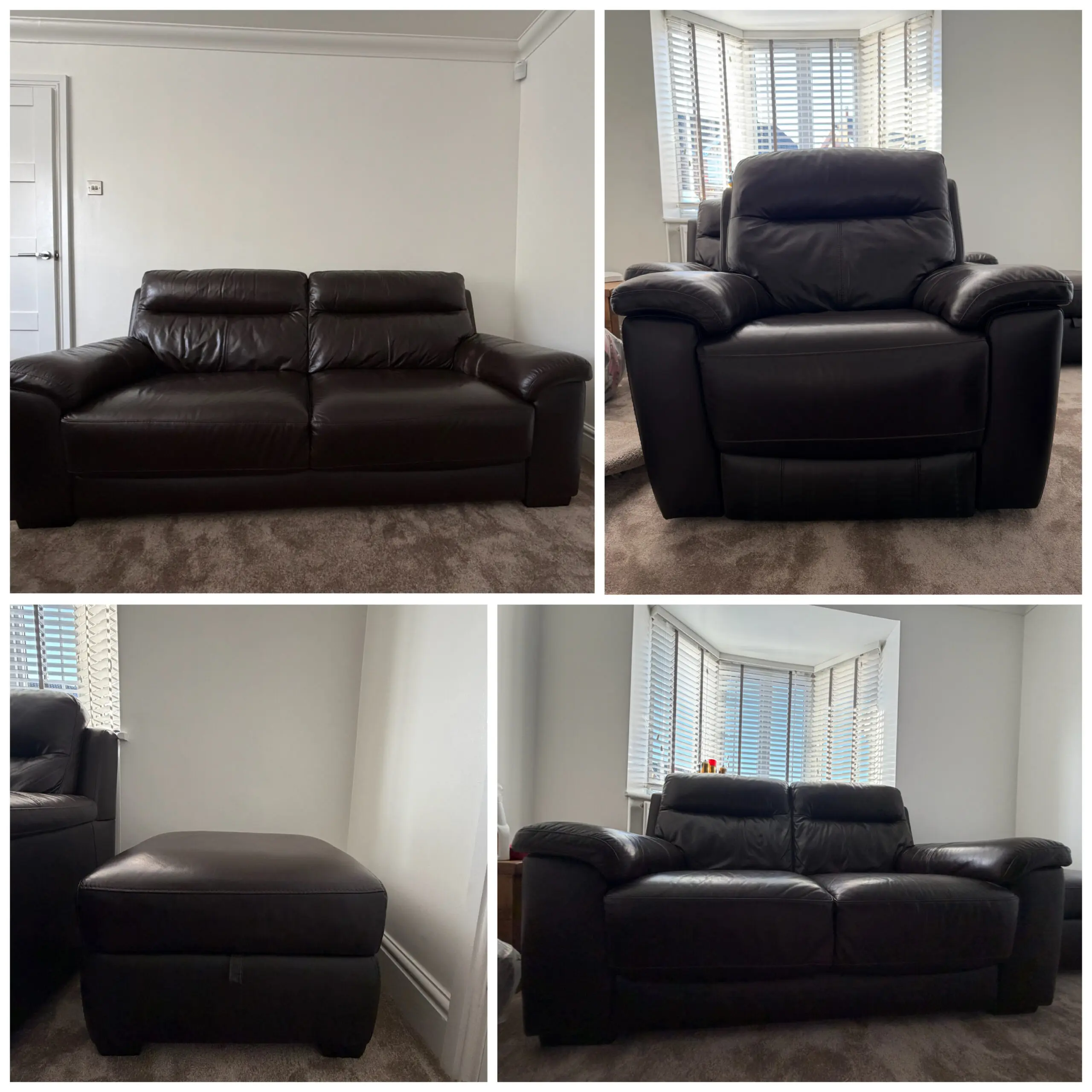 DFS Tristan dark brown sofa premium leather 3 seater, 2 seater sofa, recliner chair and storage foot stool sofa set