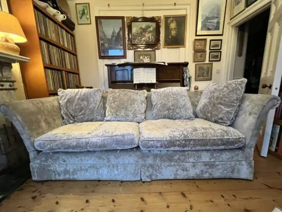 Laura Ashley large velvet settee. Silver/beige