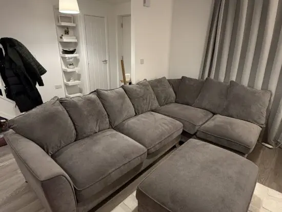 Furniture Village Kingston Grey Legend Pillowback Corner Sofa & Stool