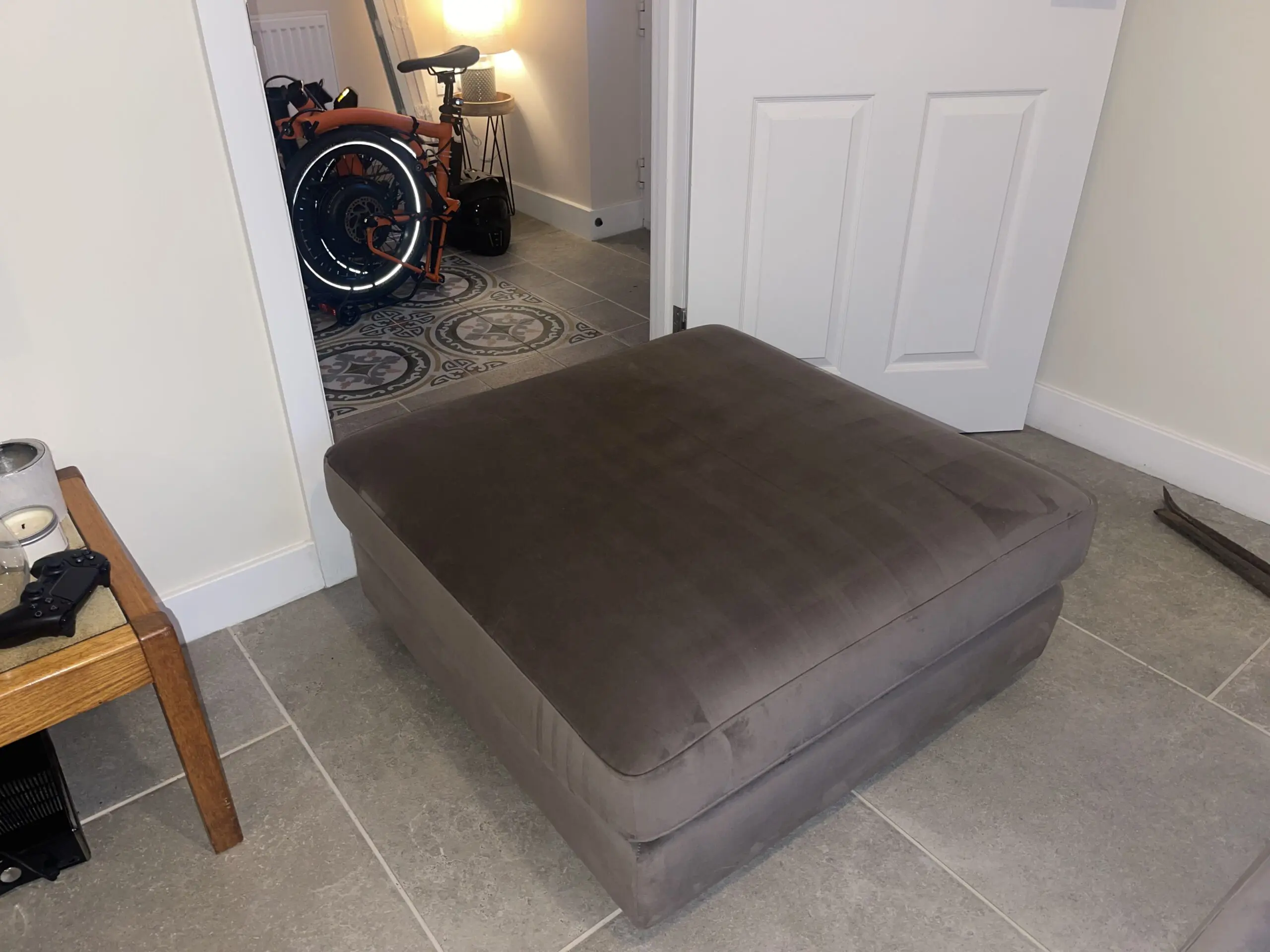 DFS Plush Velvet Left Hand Facing Chaise Sofa with Matching Footstool – Mocha