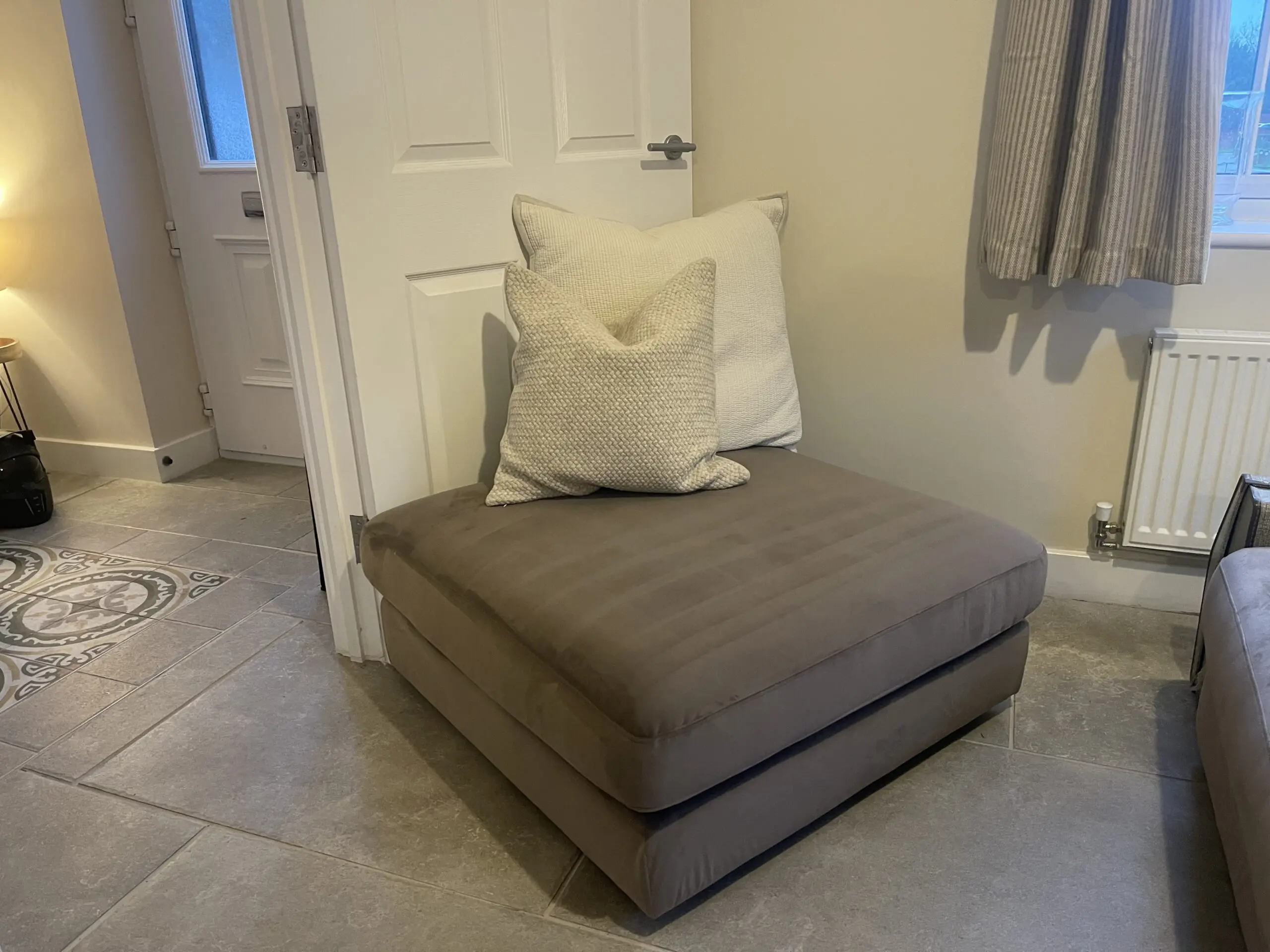 DFS Plush Velvet Left Hand Facing Chaise Sofa with Matching Footstool – Mocha