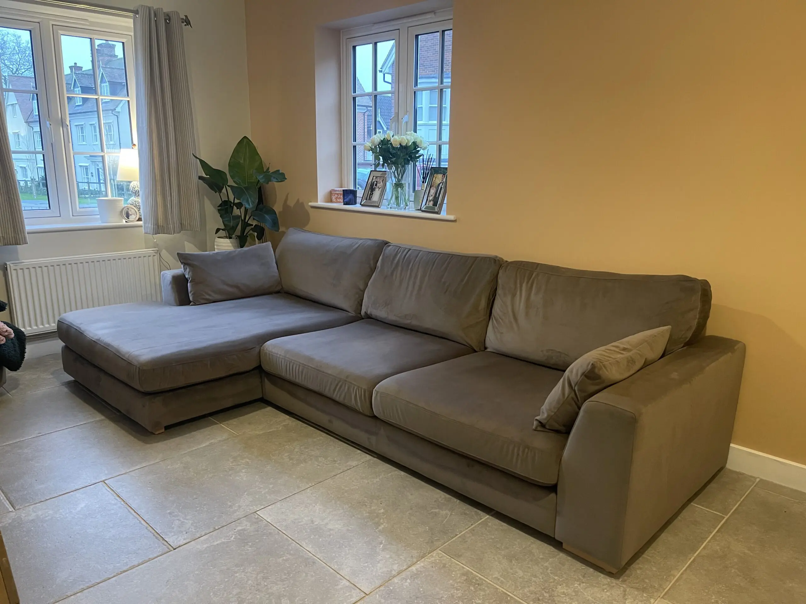 DFS Plush Velvet Left Hand Facing Chaise Sofa with Matching Footstool – Mocha