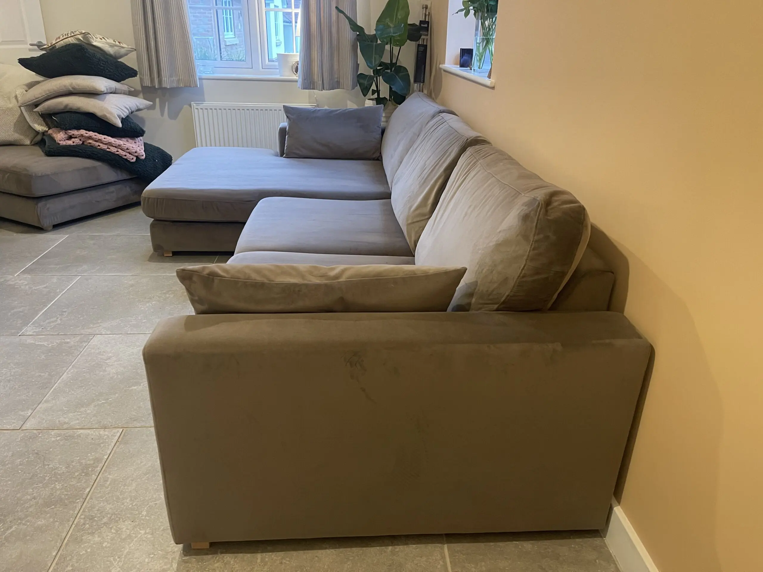 DFS Plush Velvet Left Hand Facing Chaise Sofa with Matching Footstool – Mocha