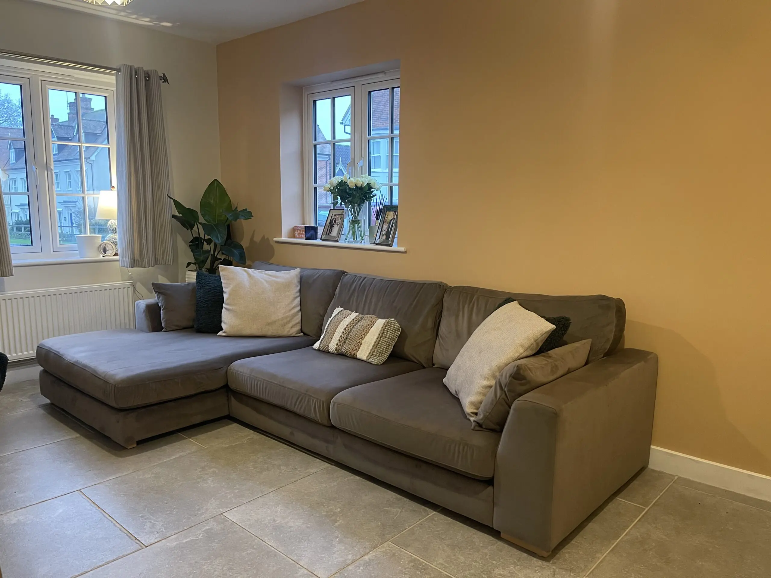 DFS Plush Velvet Left Hand Facing Chaise Sofa with Matching Footstool – Mocha