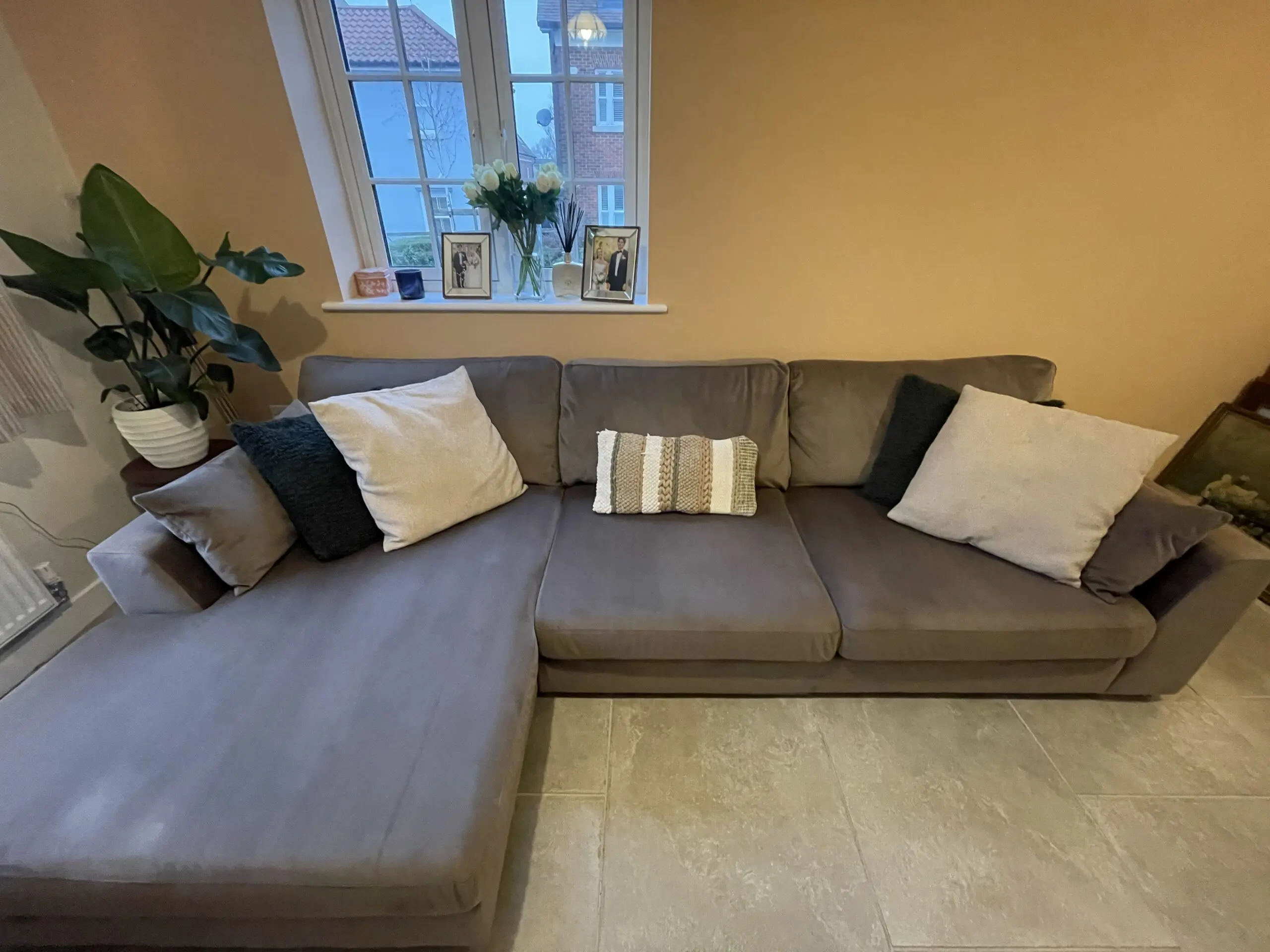 DFS Plush Velvet Left Hand Facing Chaise Sofa with Matching Footstool – Mocha