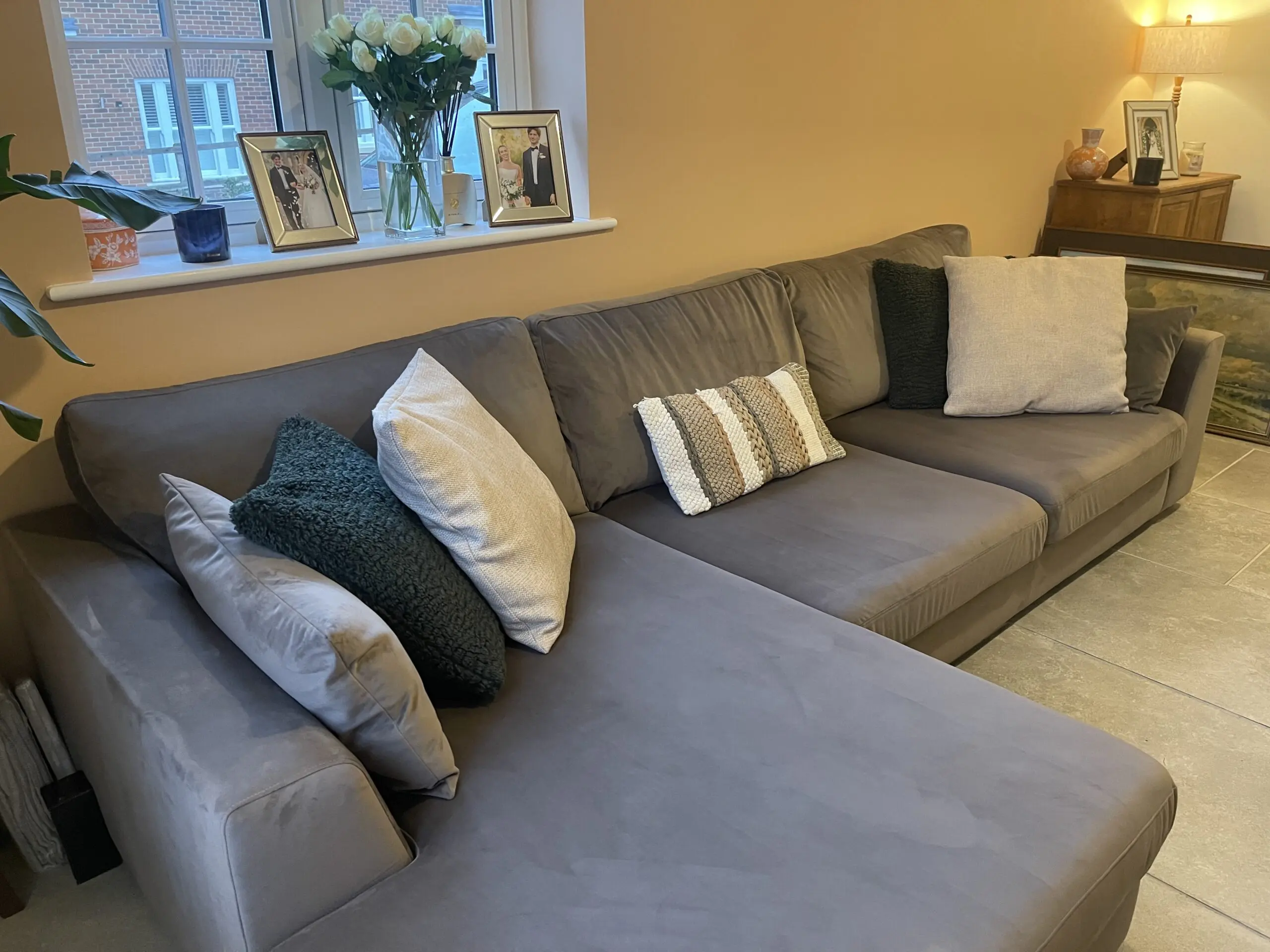 DFS Plush Velvet Left Hand Facing Chaise Sofa with Matching Footstool – Mocha