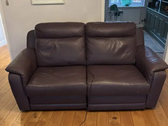 Tara 2 seater manual and 2.5seater Sofas with 2 power recliners leather Torello 351 Viola matching stitching. Colour deep aubergine