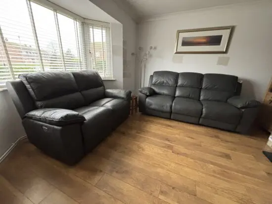 Oak Furnitureland Goodwood Range Dark Grey Leather 3 & 2 Seater sofas, Full Electric Recliner Sofas with USB charging ports