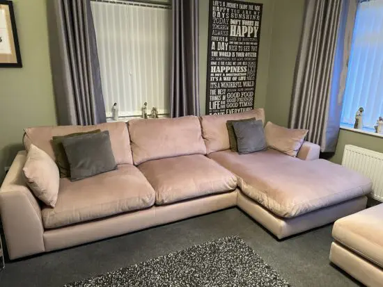 DFS Plush corner chaise sofa and footstool in Blush