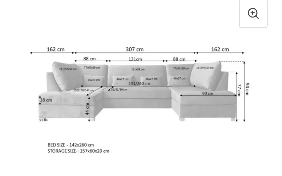 Meridian U Shape Sofa Bed with Storage Alaska Chenille