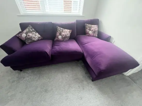 DFS Joules Patterdale Corner Sofa and Footstool in Purple with Walnut Feet
