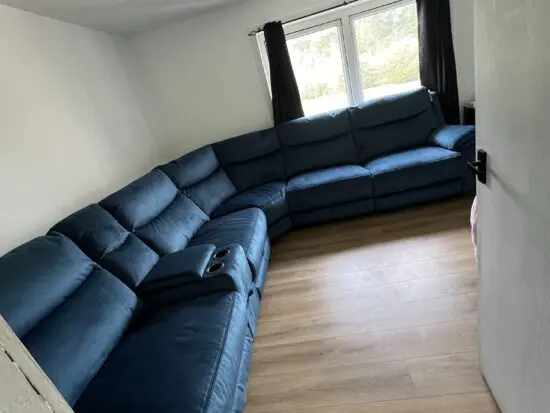 DFS Trek Velvet 2 Corner 2 Power Recliner and Console + velvet footstool