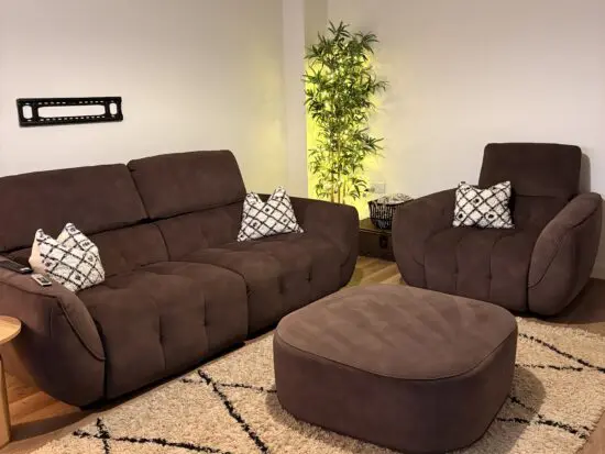 DFS Dark Brown Elektra Set - 3 seater recliner, recliner armchair and matching footstool