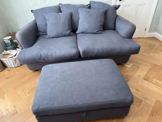 Loaf Small Smooch Sofa & Bumper Storage Footstool Ottoman in Navy Blue Clever Laundered Linen