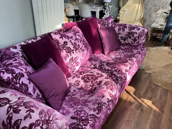 Purple brocade feather 4 seater sofa