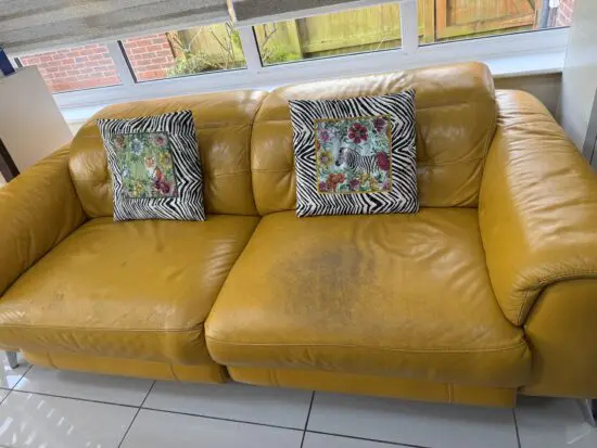 Furniture village Yellow/Tan leather 3 seater sofa with fully working electric recliner system