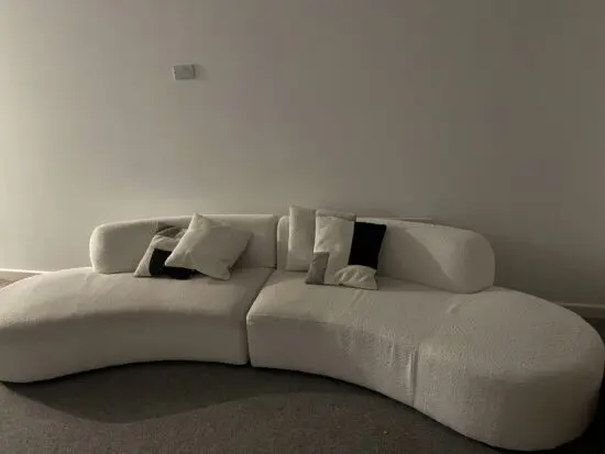 Bespoke beds CURVED CORNER BOUCLE TEDDY FABRIC SOFA IN IVORY CREAM