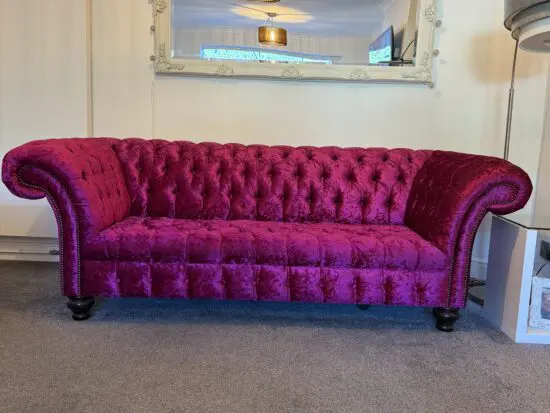 Oswald and Pablo 3 Seater Fuchsia Pink Crushed Velvet Fabric Chesterfield Sofa, British Handmade