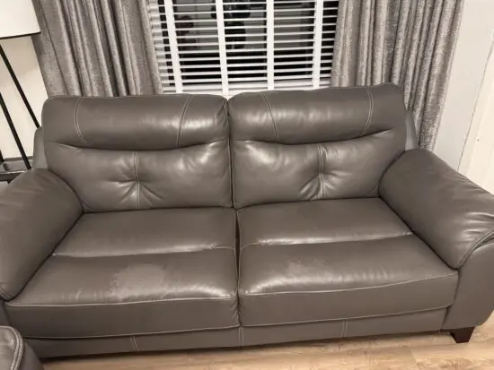 X2 DFS grey italian leather 2 seater sofas