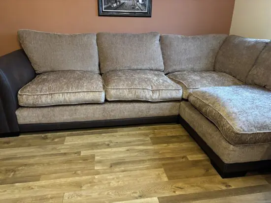 DFS Ollie Left Hand 3 Seater Open Ended Corner Sofa in Mink and Chocolate with new cushions