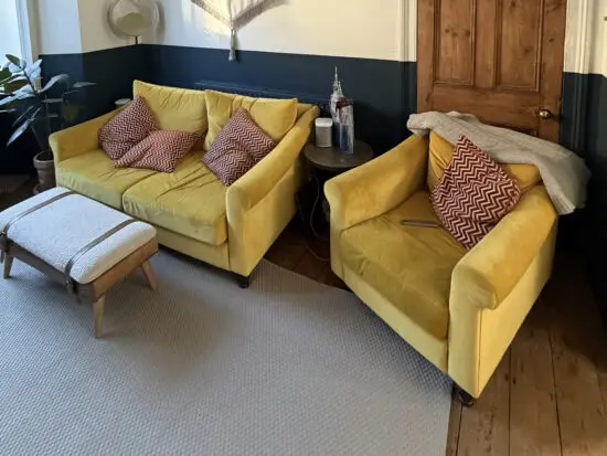 Heal’s Devon 3 Seater and Armchair set, in Canary Yellow Smart Velvet