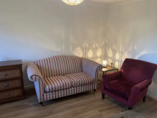 Laura Ashley - Gloucester sofa, Luxford Stripe Oatmeal & Cranberry plus Armchair