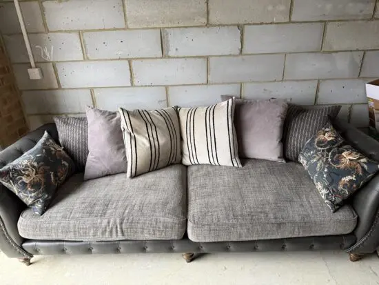 Alexander James Utopia Tote Flint Leather + Nomad Fog Fabric 3‑Seat Sofa