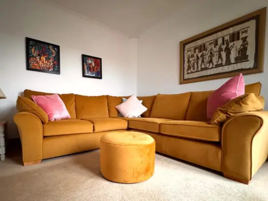 Next plush velvet modular corner sofa in mustard gold