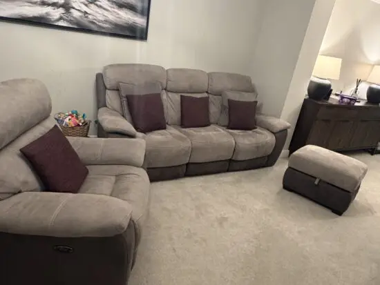 DFS Dove Grey and pewter recliner 3 seater sofa with recliner chair and ottoman foot stool