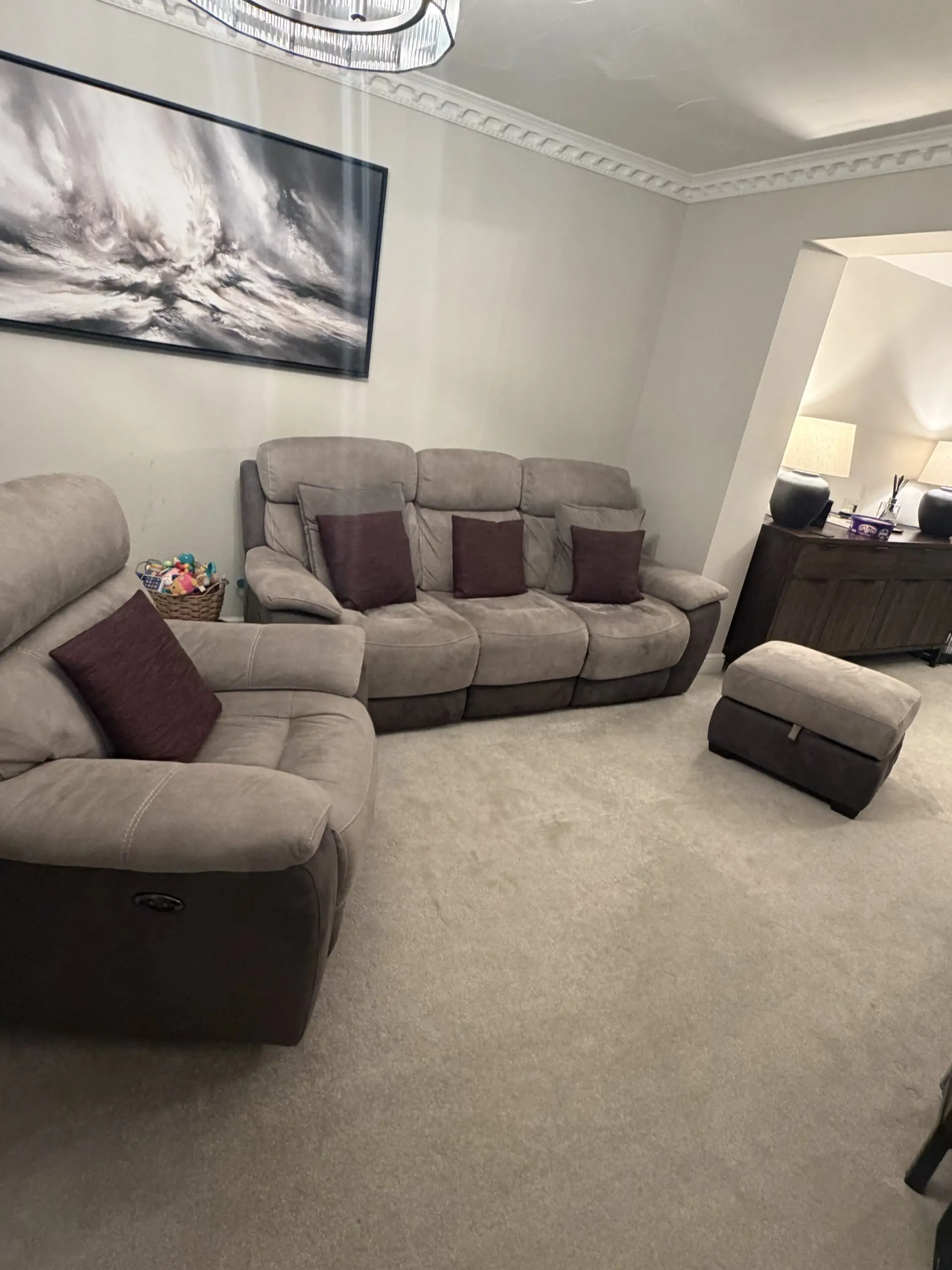 DFS Dove Grey and pewter recliner 3 seater sofa with recliner chair and ottoman foot stool
