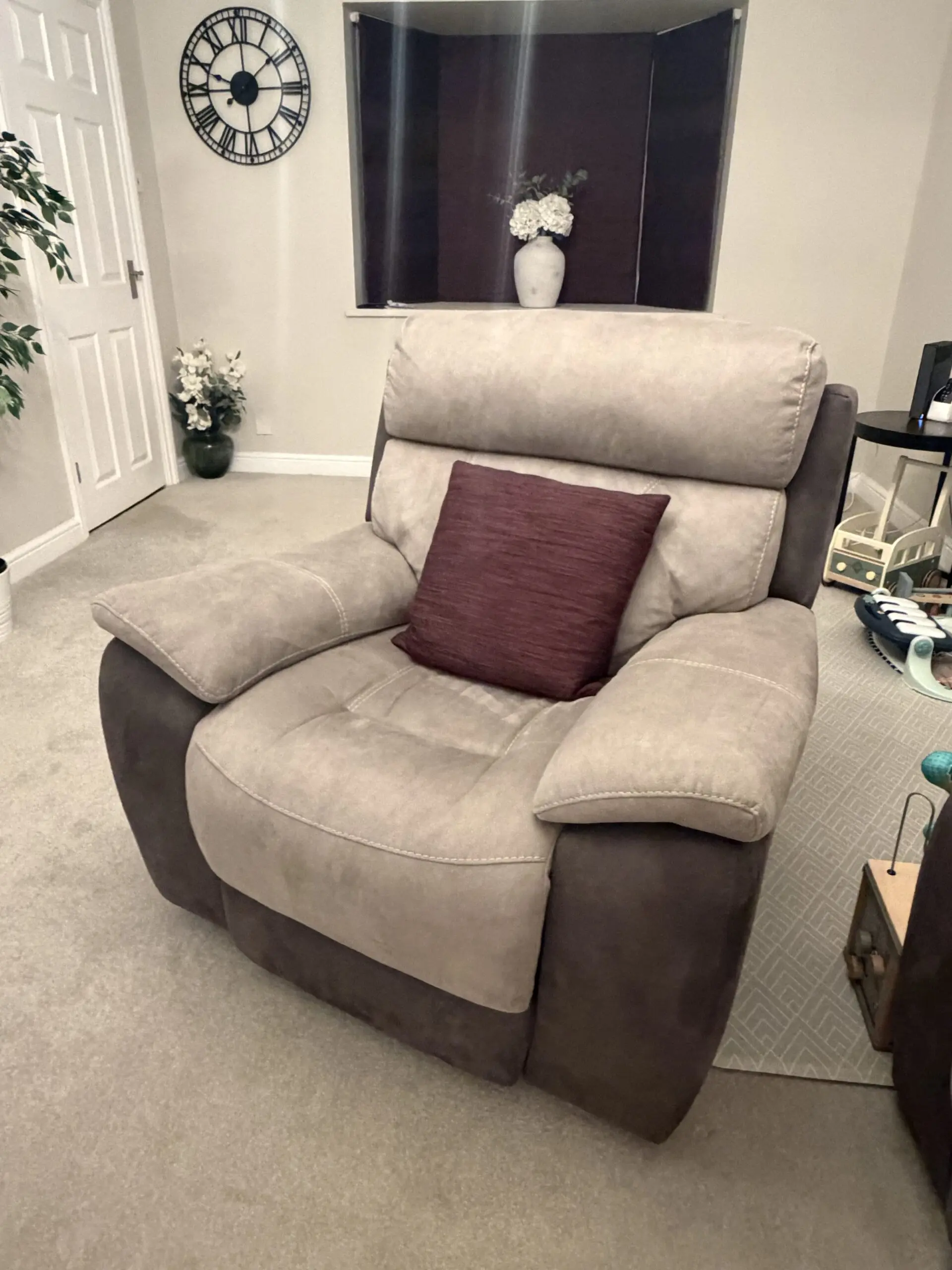 DFS Dove Grey and pewter recliner 3 seater sofa with recliner chair and ottoman foot stool