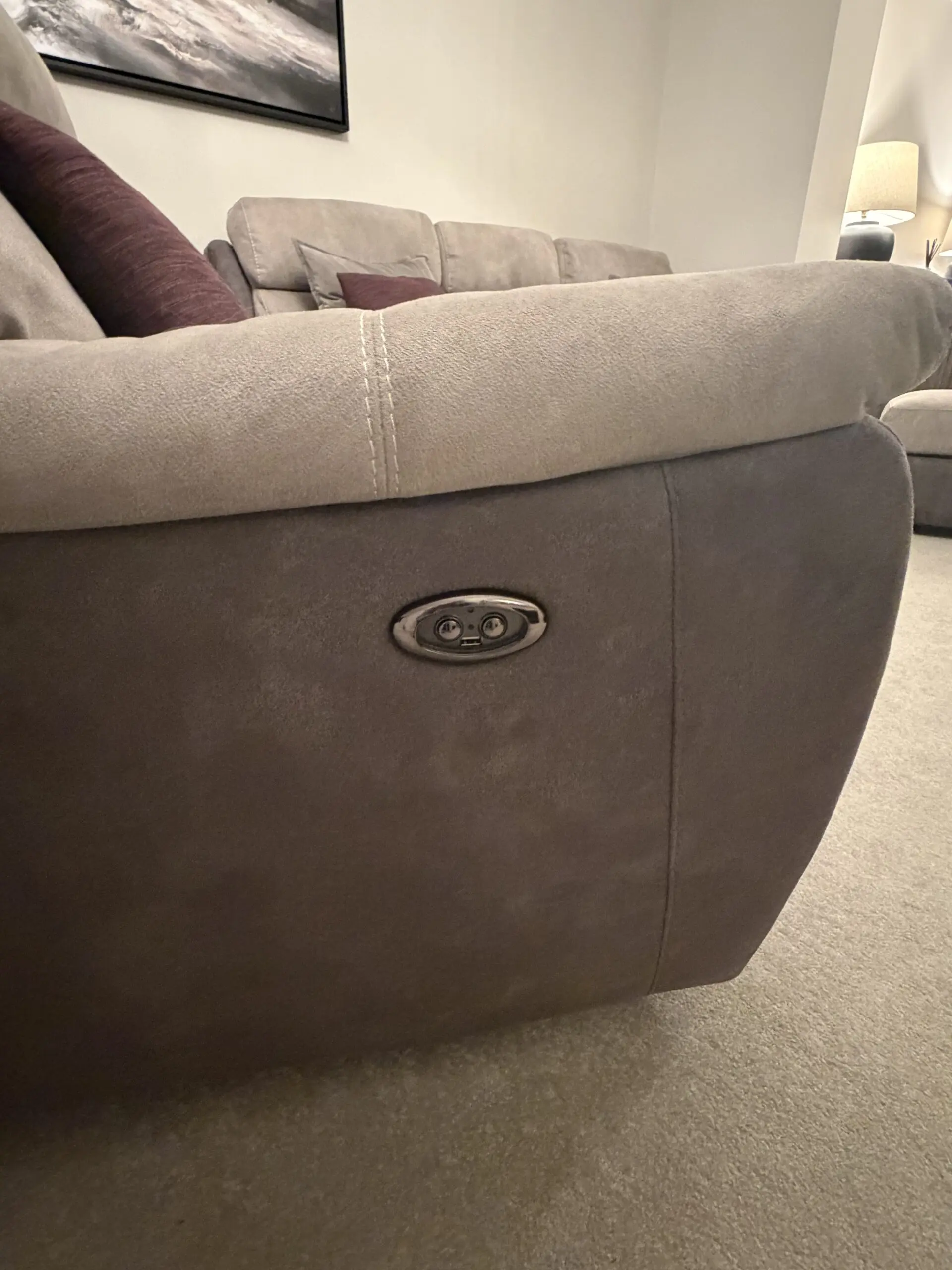 DFS Dove Grey and pewter recliner 3 seater sofa with recliner chair and ottoman foot stool