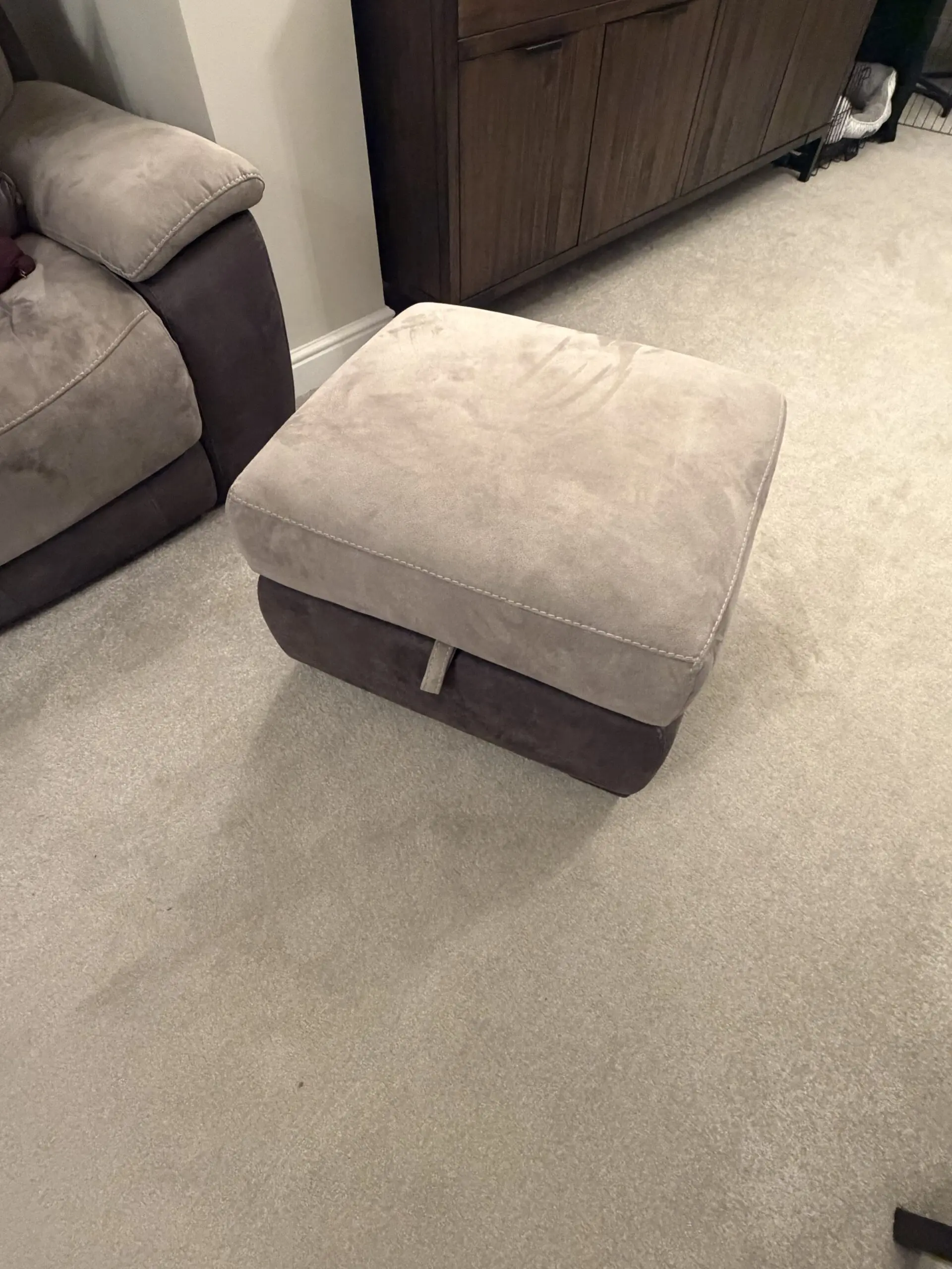 DFS Dove Grey and pewter recliner 3 seater sofa with recliner chair and ottoman foot stool