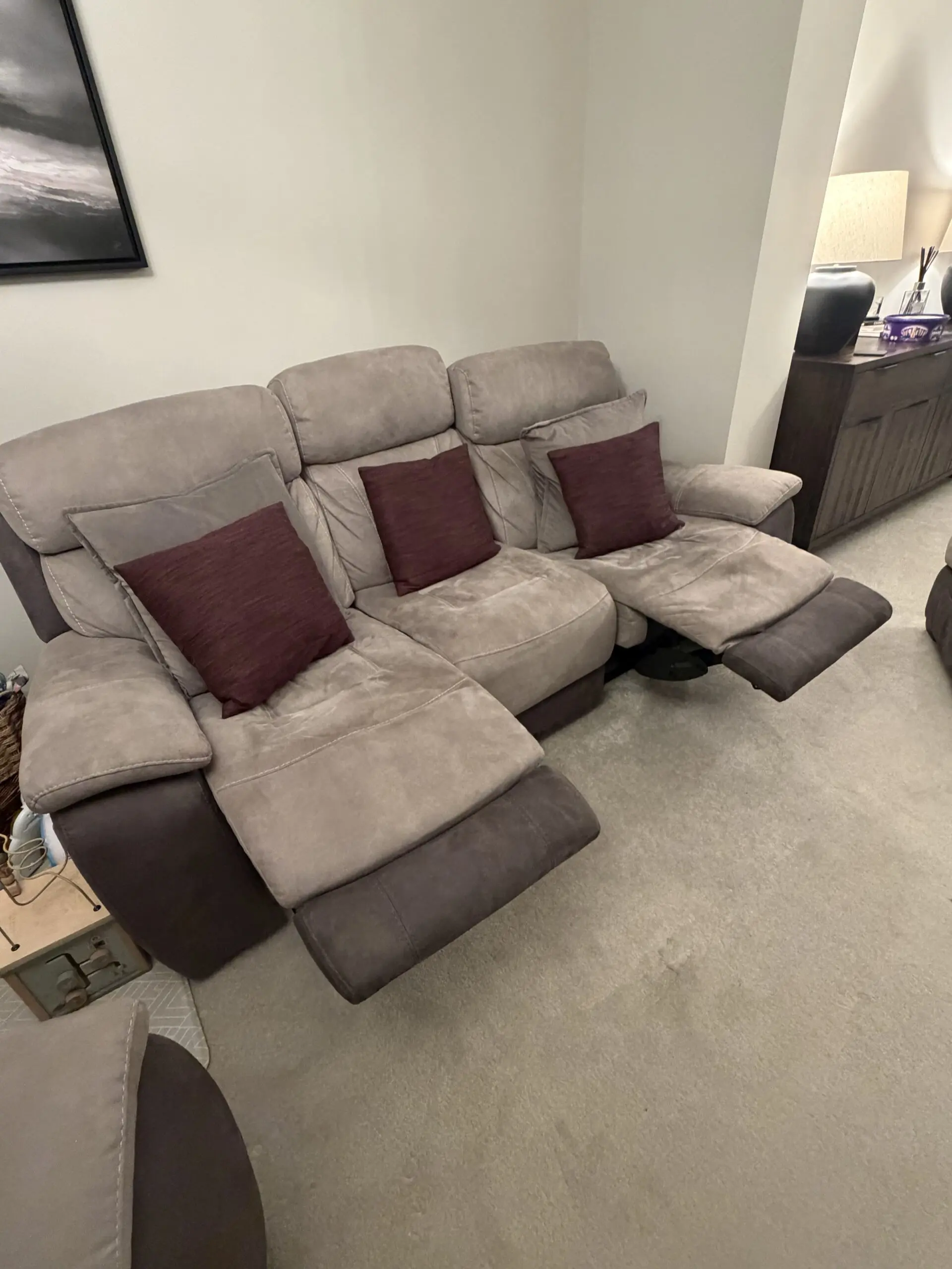DFS Dove Grey and pewter recliner 3 seater sofa with recliner chair and ottoman foot stool