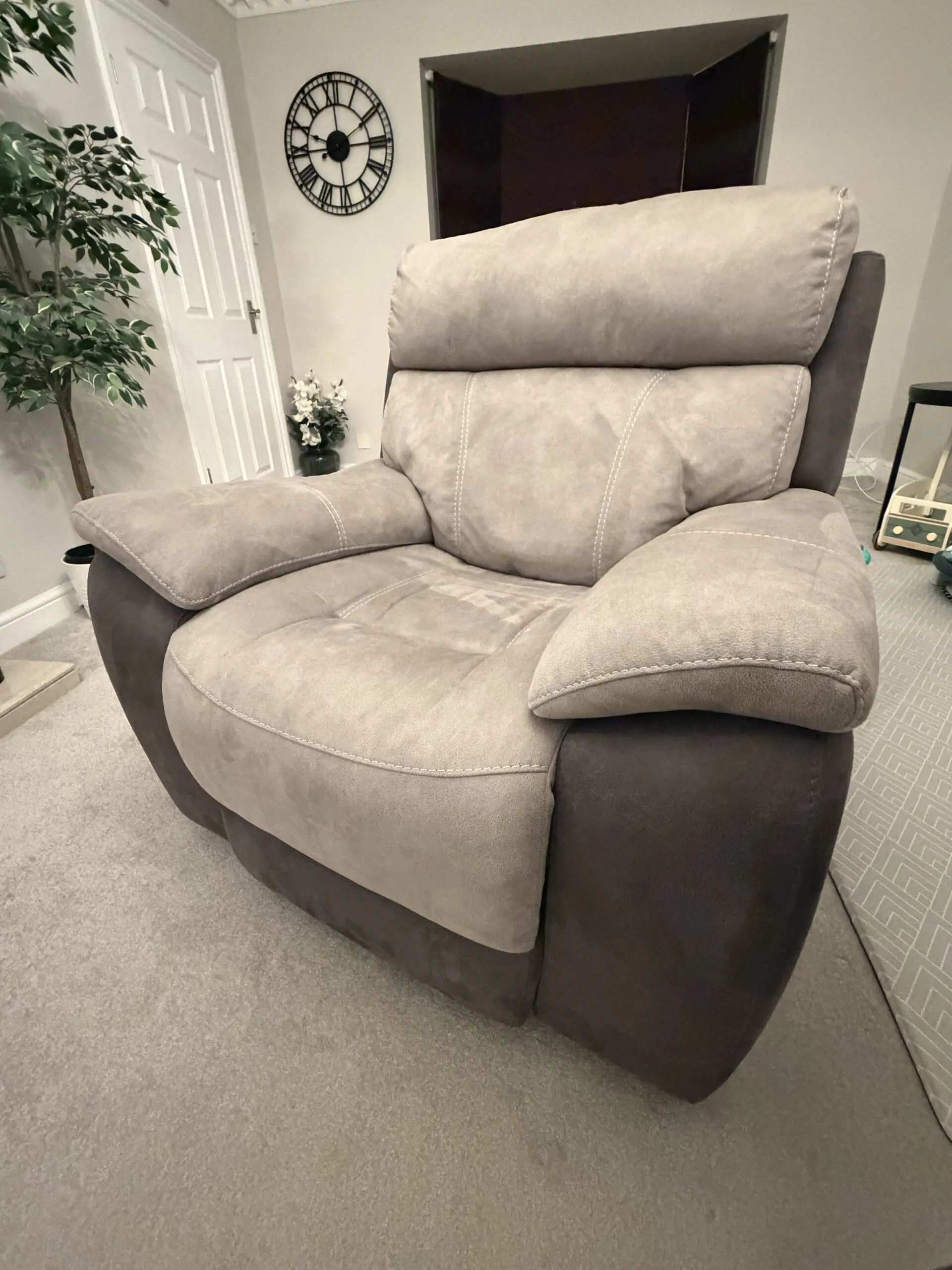 DFS Dove Grey and pewter recliner 3 seater sofa with recliner chair and ottoman foot stool