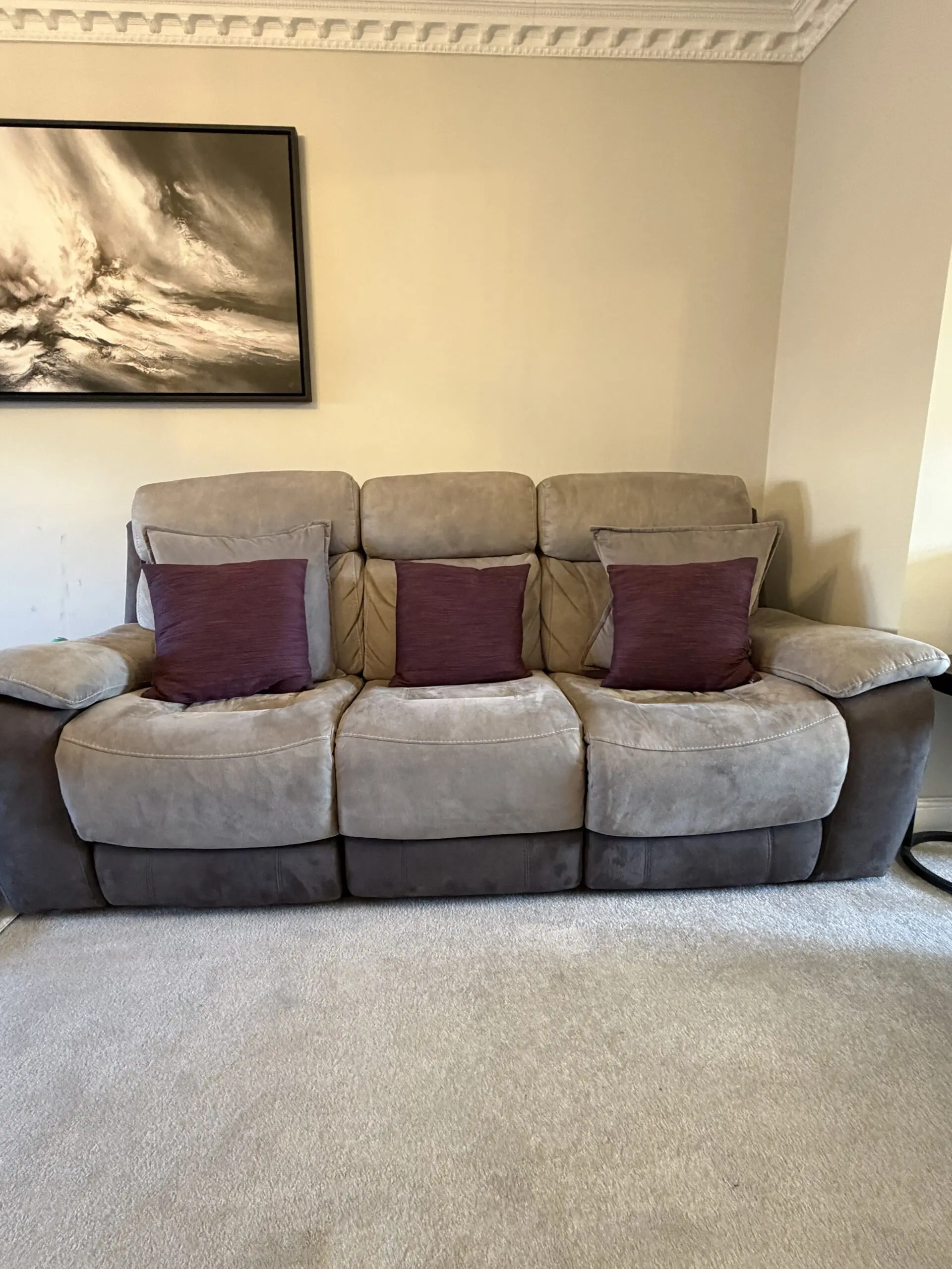 DFS Dove Grey and pewter recliner 3 seater sofa with recliner chair and ottoman foot stool