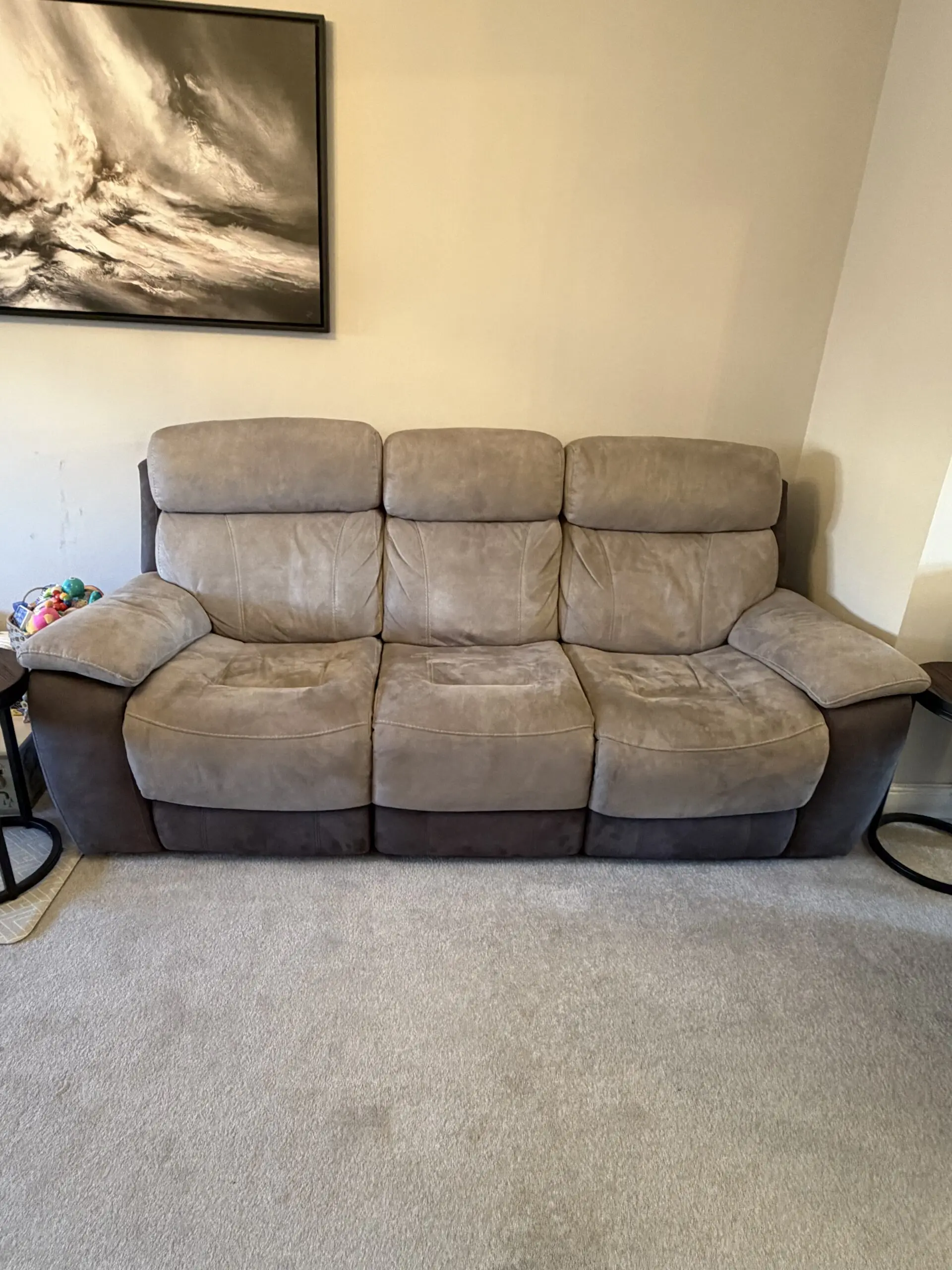 DFS Dove Grey and pewter recliner 3 seater sofa with recliner chair and ottoman foot stool