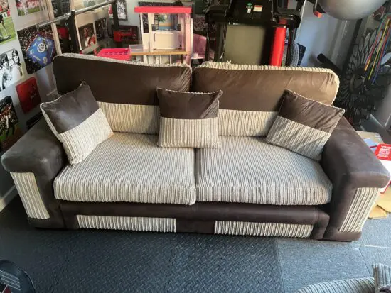 Bespoke 3 seater sofa with swivel chair and foot stool