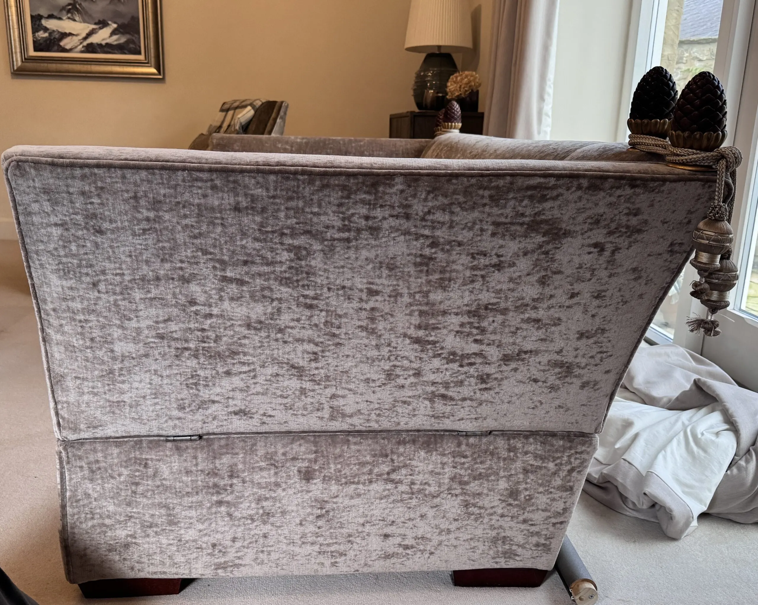 Parker & Farr sofa in mink colour velvet.