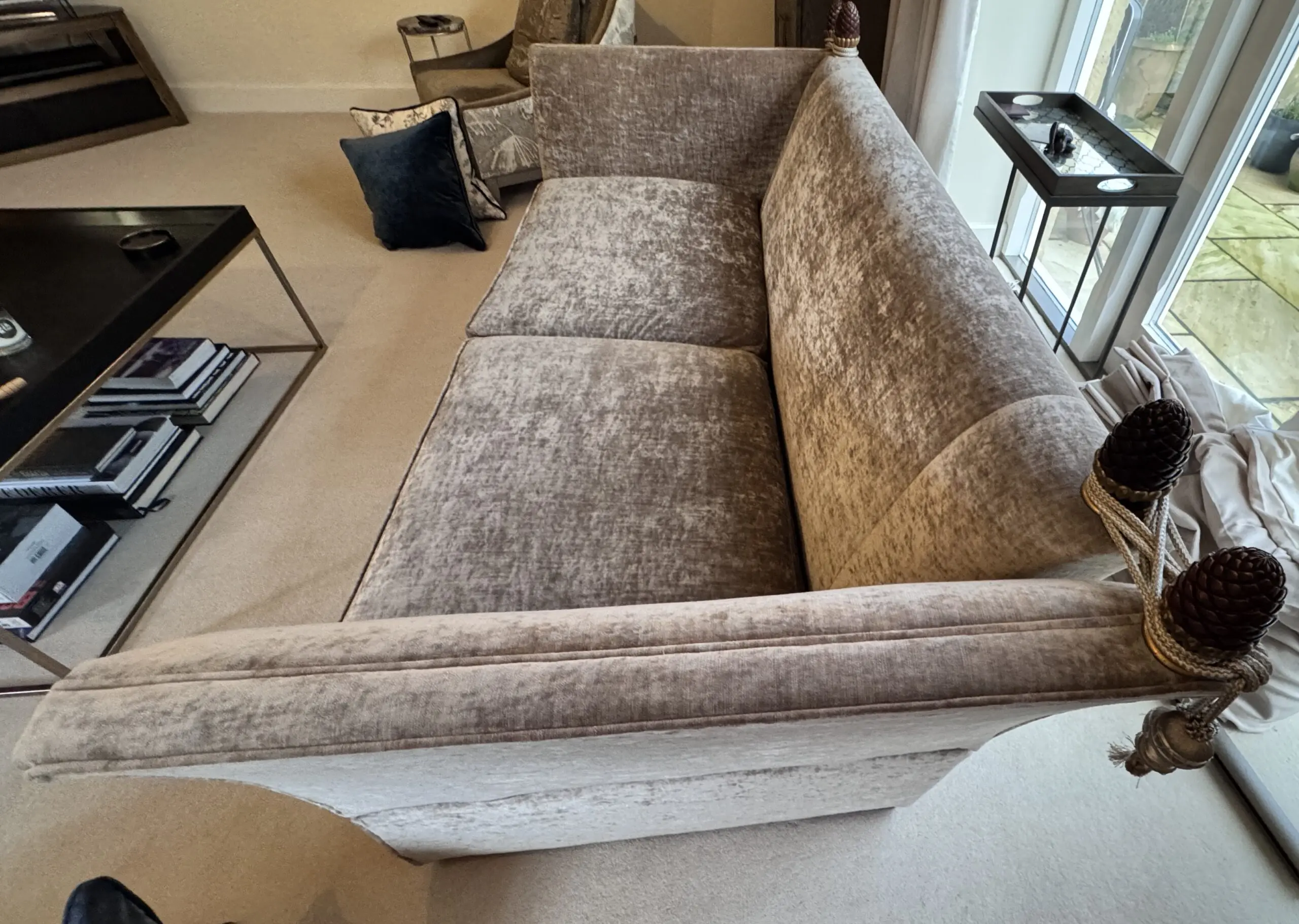 Parker & Farr sofa in mink colour velvet.