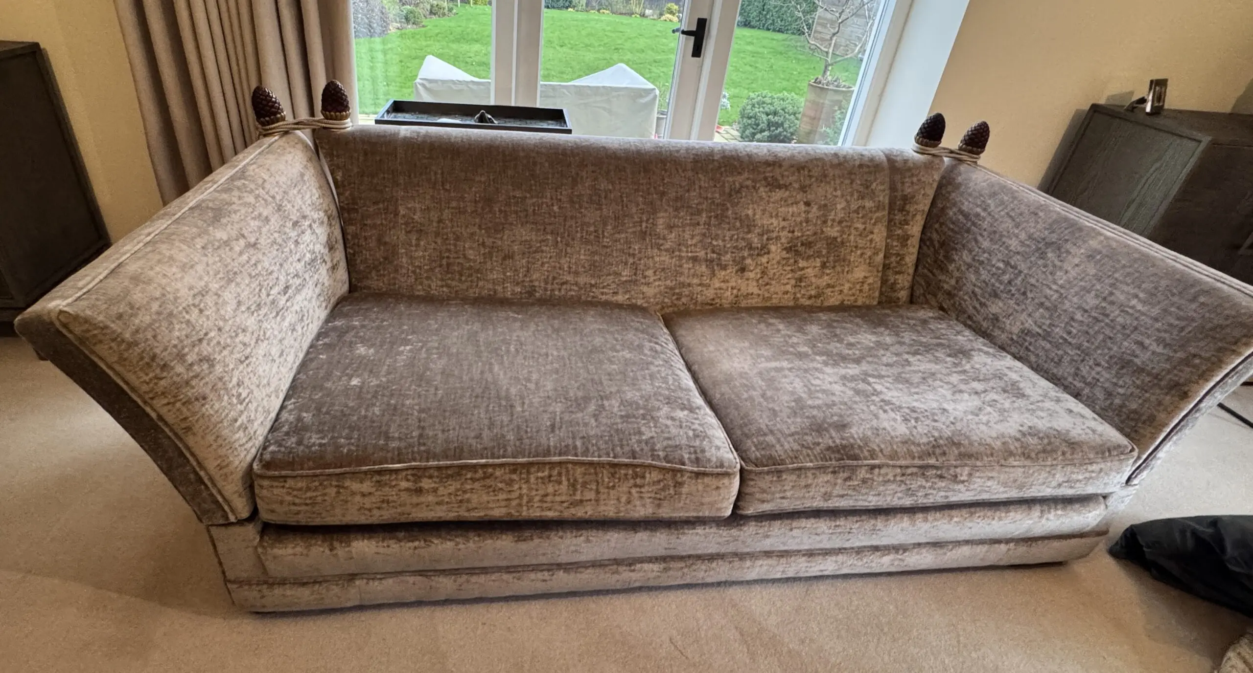 Parker & Farr sofa in mink colour velvet.