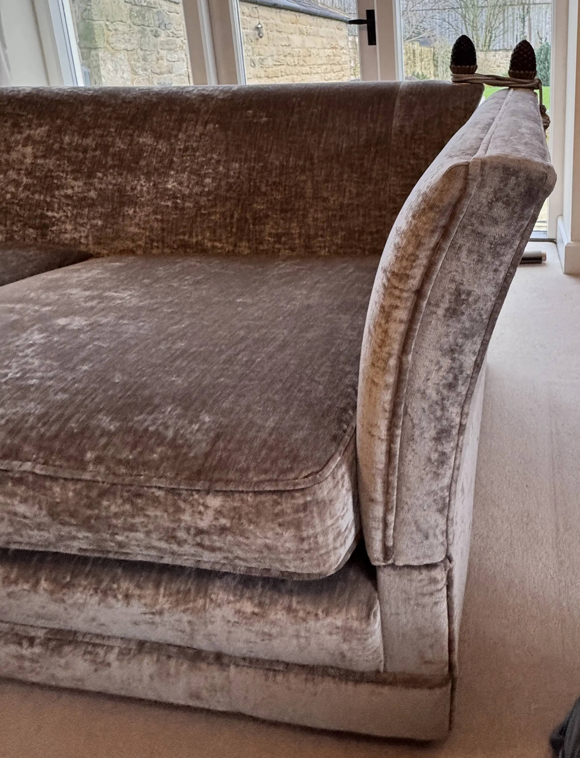 Parker & Farr sofa in mink colour velvet.