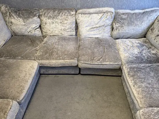 Two Silver Crushed Velvet Corner Sofa & Footstool