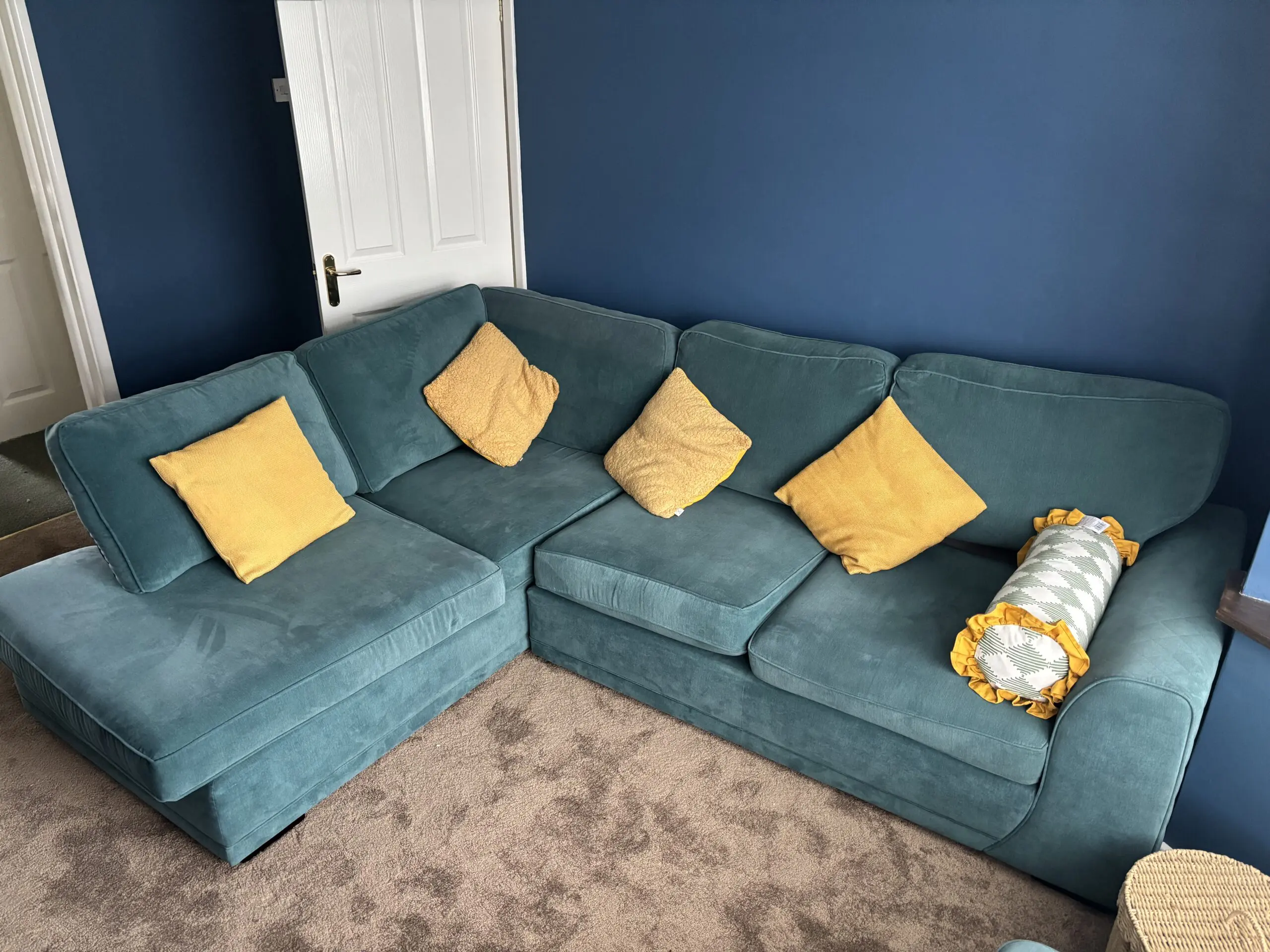 DFS Orka Right Hand Facing Arm Open End Corner Sofa in ‘Ocean’ blue with Large Storage Footstool