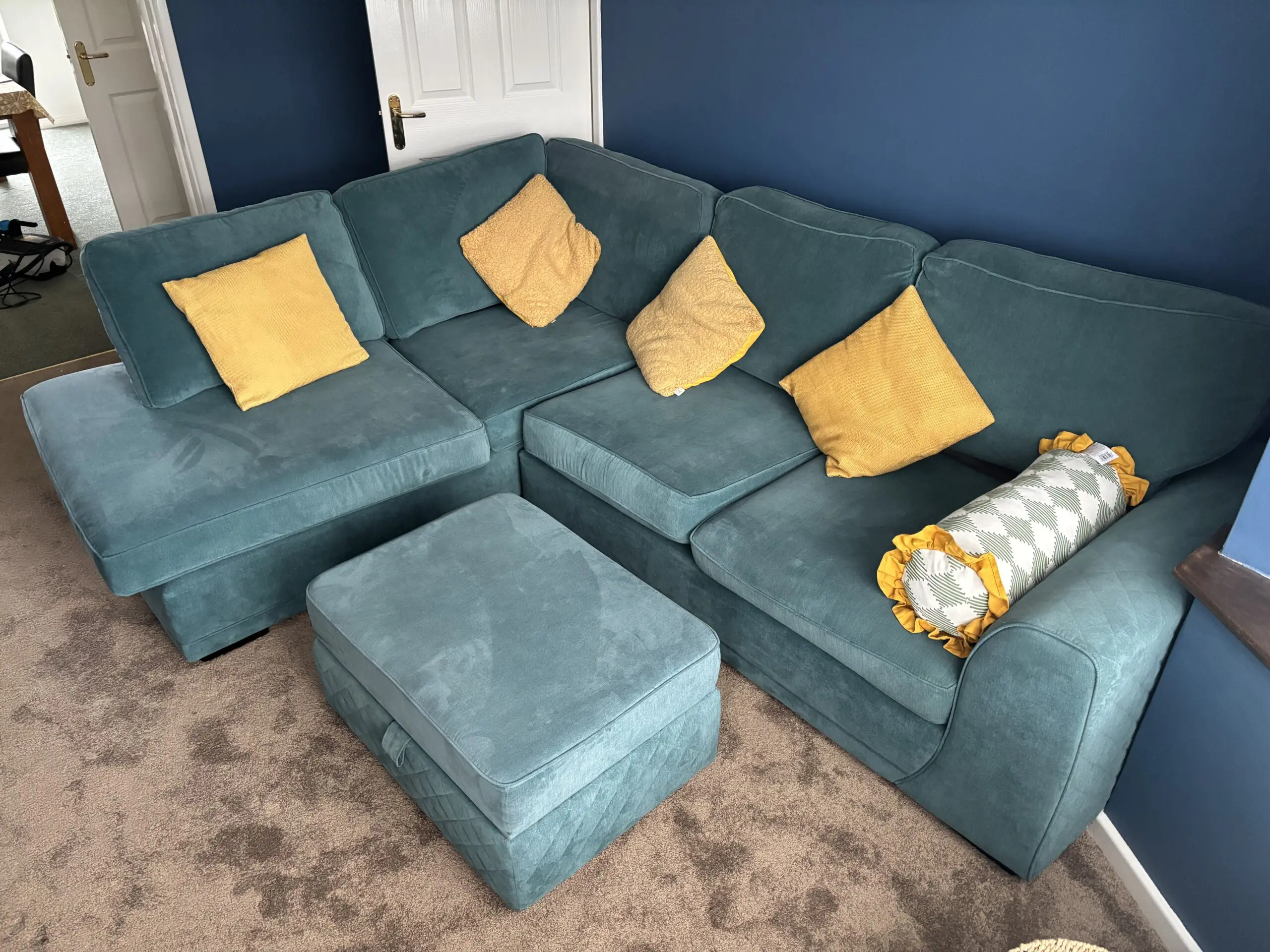 DFS Orka Right Hand Facing Arm Open End Corner Sofa in ‘Ocean’ blue with Large Storage Footstool