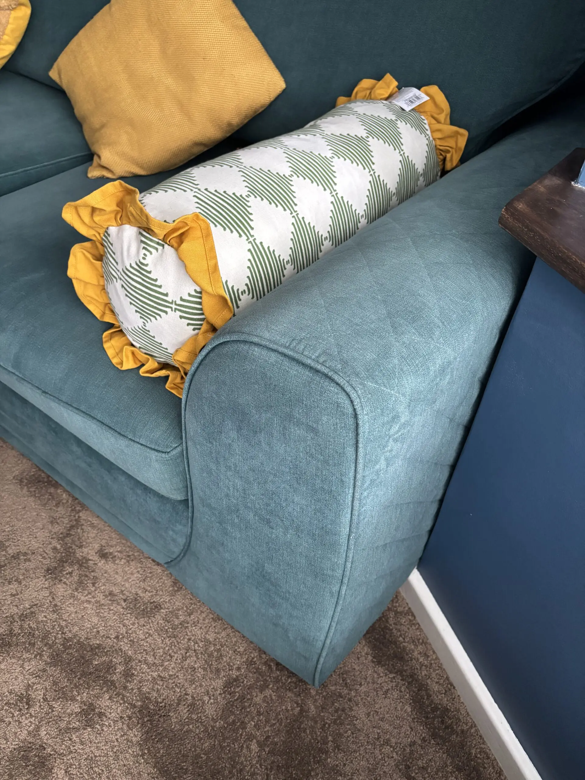 DFS Orka Right Hand Facing Arm Open End Corner Sofa in ‘Ocean’ blue with Large Storage Footstool