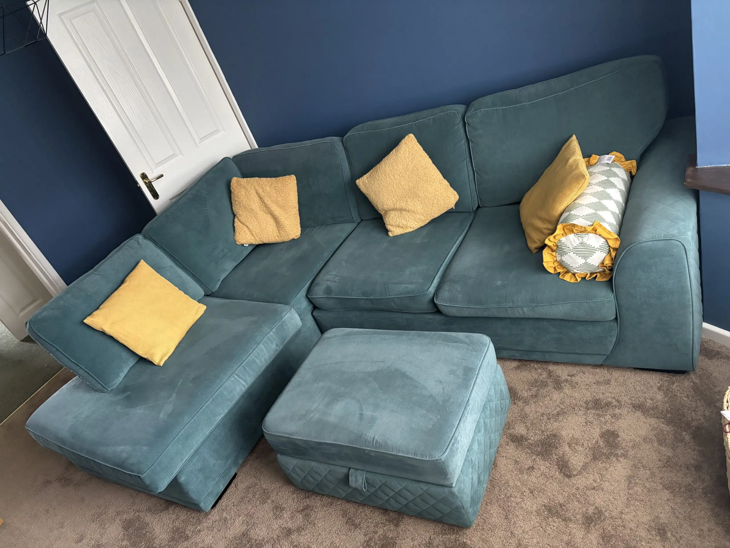 DFS Orka Right Hand Facing Arm Open End Corner Sofa in ‘Ocean’ blue with Large Storage Footstool